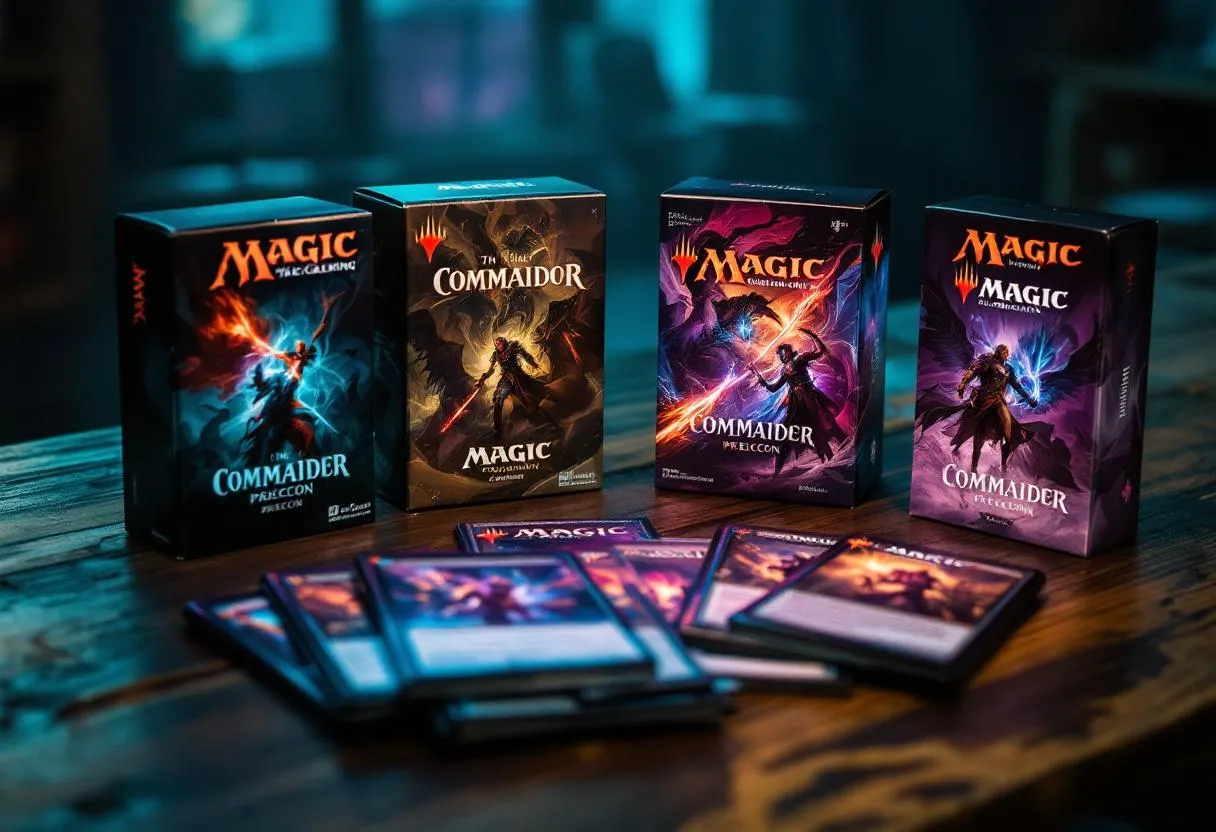 Best commander precons 2026 MTG prebuilt EDH decks displayed on table with cinematic teal purple lighting, showing quality mana bases and card selection for Australian Magic players.
