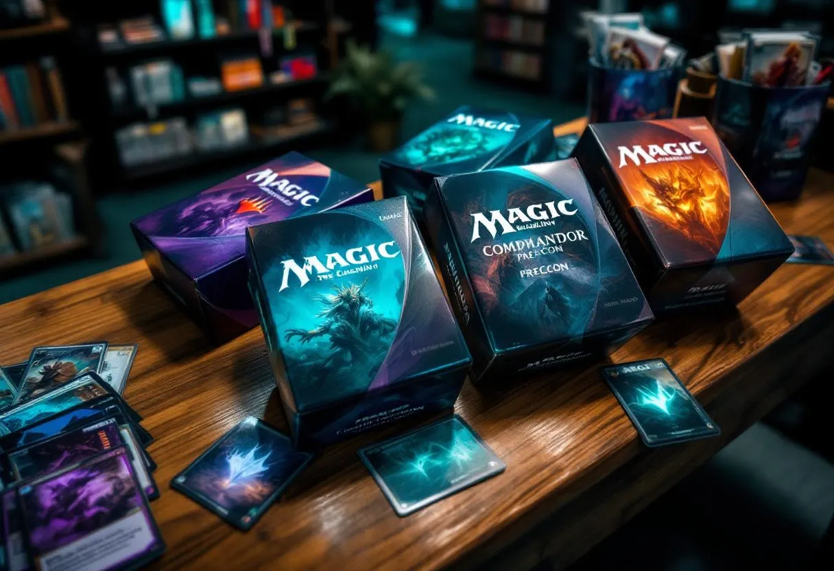 MTG commander precon decks displayed on gaming table with tribal cards and dual lands, representing best prebuilt EDH decks for Australia players in 2026