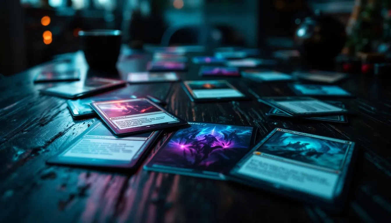 Competitive Magic: The Gathering decks and cards on dark wooden table with teal purple lighting