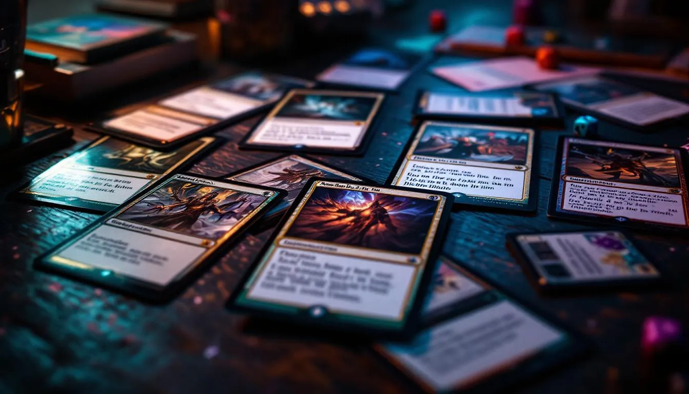 Budget Magic Commander cards under $5 AUD arranged on wooden table with dice and sleeves, cinematic teal purple lighting overhead view
