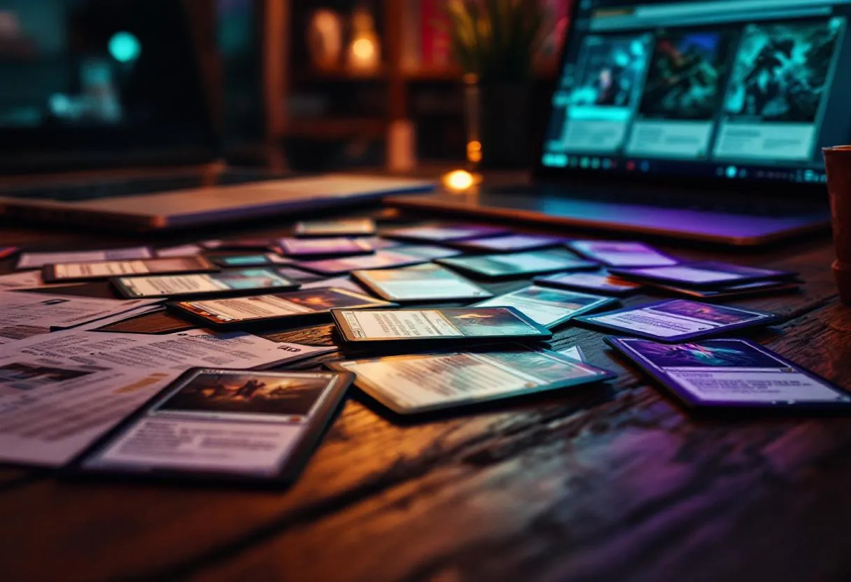 Magic the Gathering cards with price comparison documents under teal and purple lighting, representing budget EDH staple shopping strategies for Australian buyers.