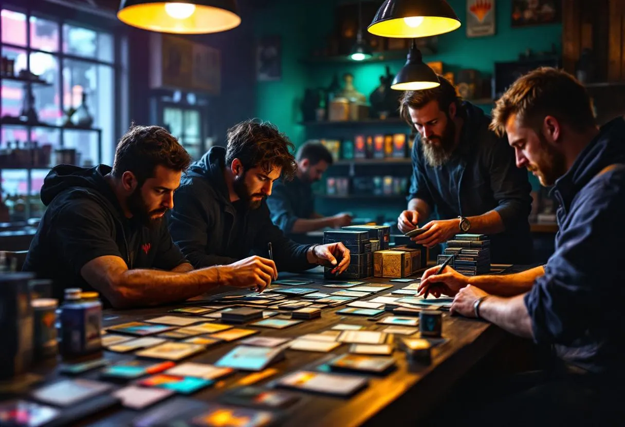 MTG players comparing cards at Australian store counter with competitive deck building scene, teal purple lighting