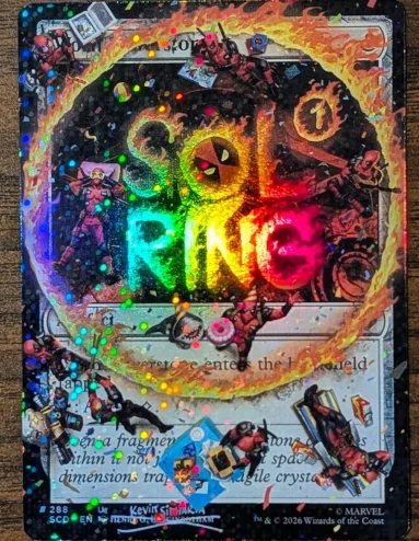 Deadpool Secret Lair Sol Ring - Pool Party Foil Edition with Deadpool's face scribbled over the original art. Credit: Taalia Vess