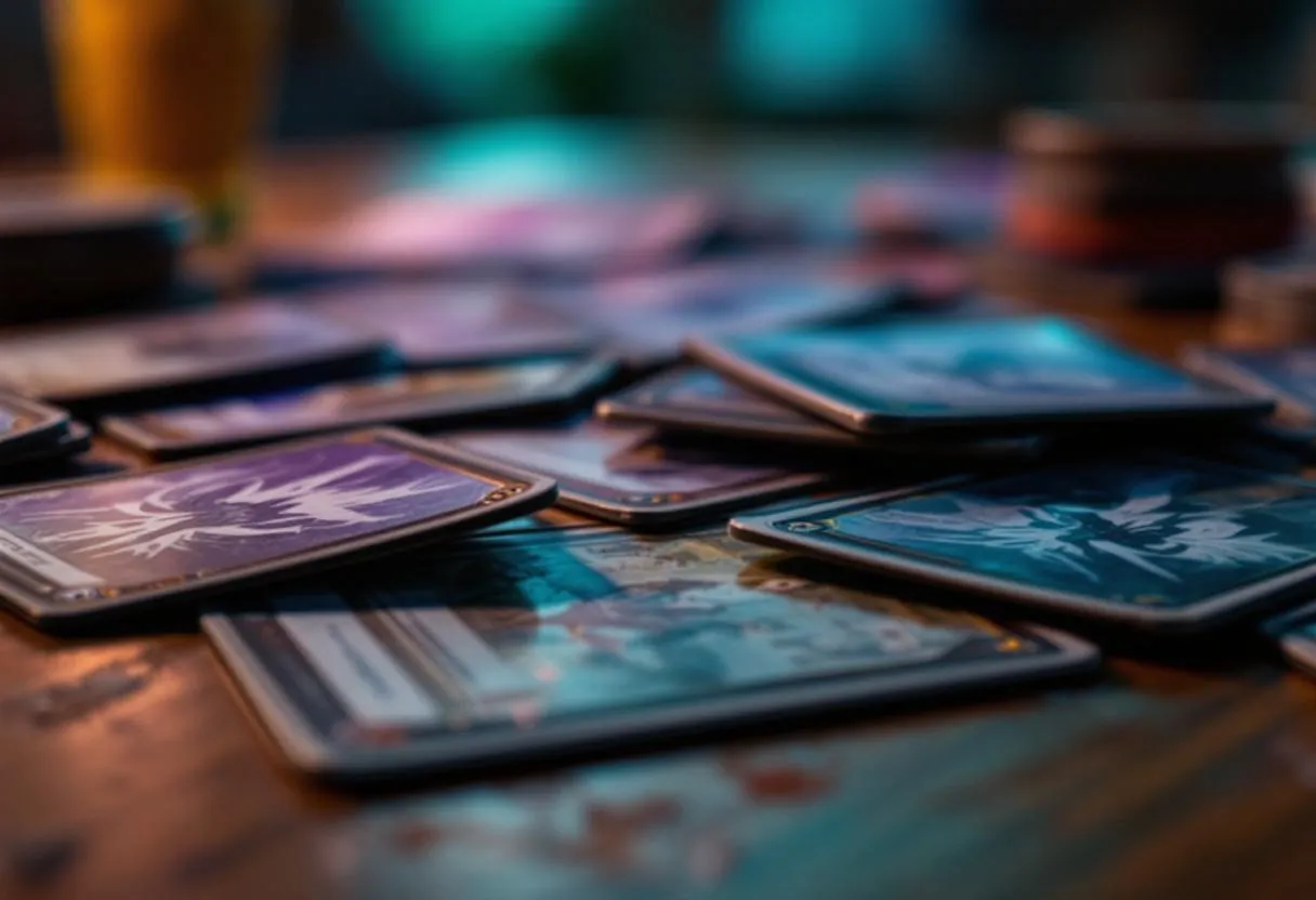 Heavily played MTG cards with visible wear, edge damage, and scratches on gaming table under teal purple lighting for card condition grading guide