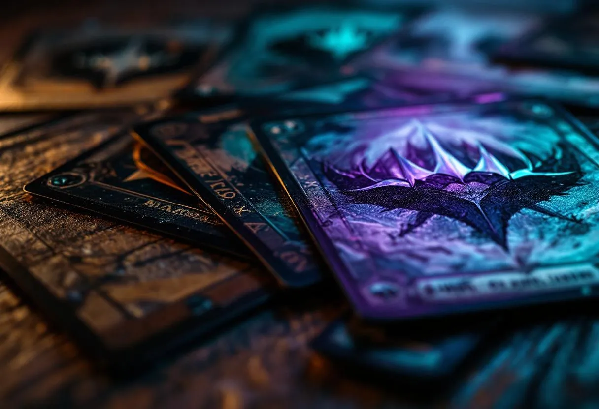 Lightly played Magic: The Gathering cards displayed on gaming table showing minor edge wear and corner softening with cinematic teal and purple lighting.