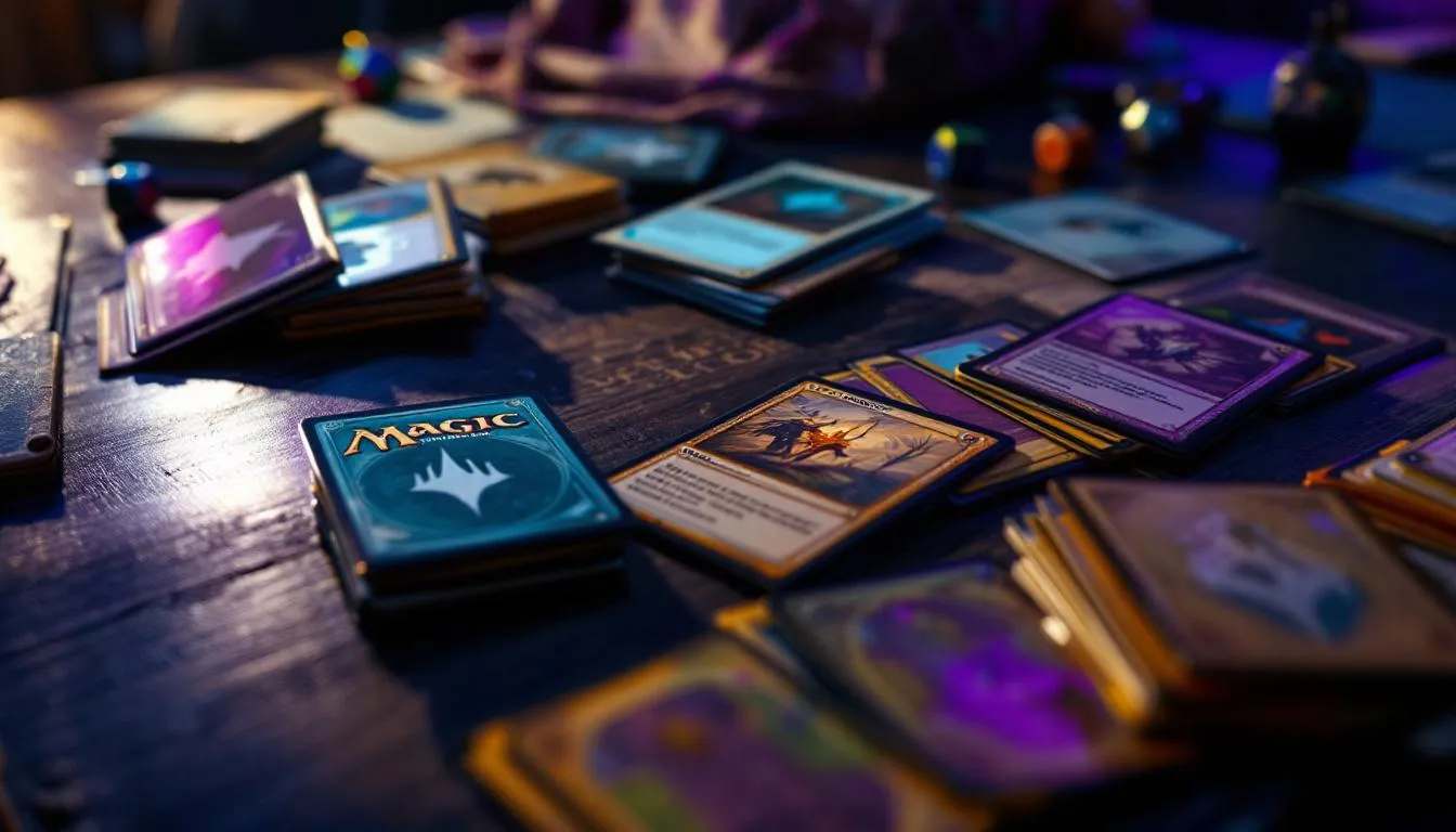 Budget Pioneer MTG cards and sleeves on wooden table with cinematic lighting - affordable Magic the Gathering deck under $200 AUD