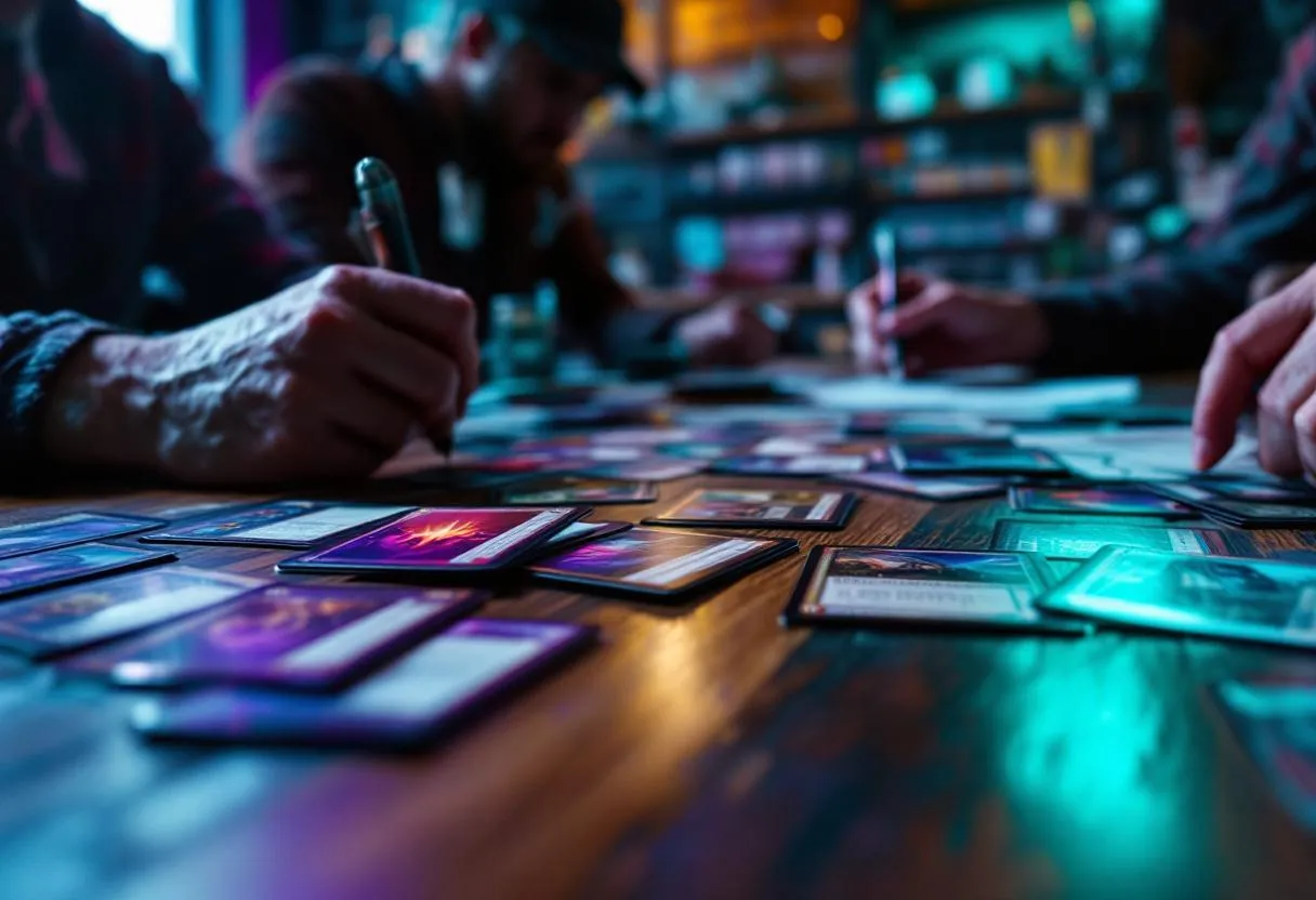 Pioneer budget deck cards on gaming table, Australian MTG players building affordable decks, moody teal purple lighting