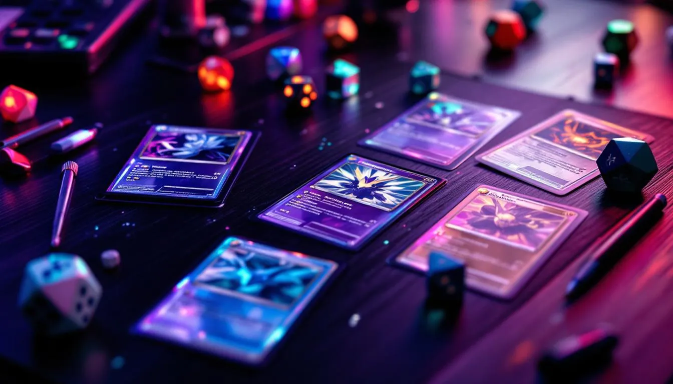 Pokemon TCG Mega Evolution Chaos Rising cards on wooden table with purple teal lighting, card sleeves and dice for competitive play