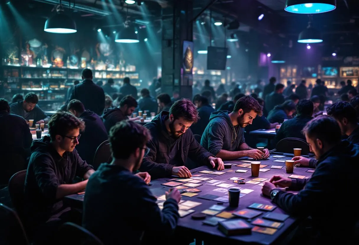 Magic the Gathering prerelease event with players, Secrets of Strixhaven cards on gaming table, teal and purple cinematic lighting, MTG community gathering