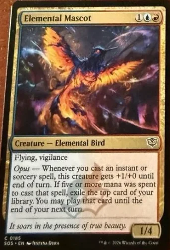 Elemental Mascot — Prismari Opus creature, gets +1/+0 and exiles top card when casting big spells