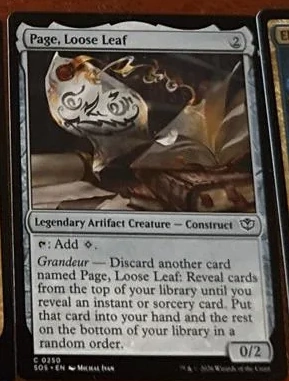 Page, Loose Leaf — Legendary Artifact Creature with Grandeur, digs for instants and sorceries