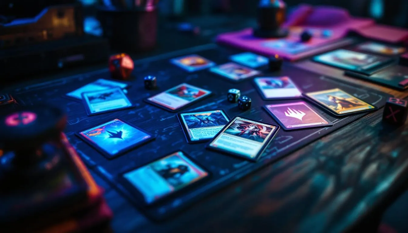 Magic The Gathering TCG cards spread on dark wooden table with cinematic teal purple lighting