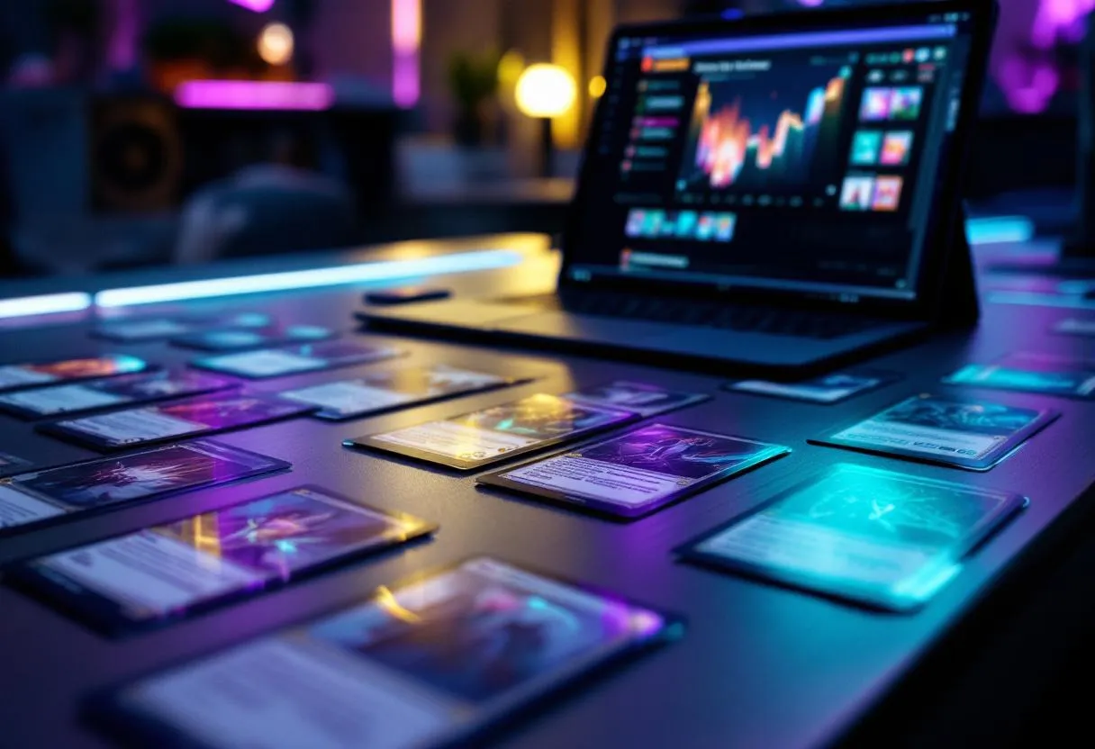 Modern trading card game collection setup with multiple TCG cards and gaming accessories