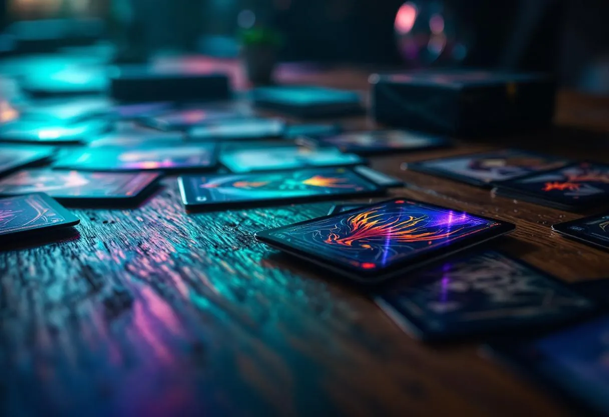 Vintage Magic The Gathering cards displayed with moody teal purple cinematic lighting
